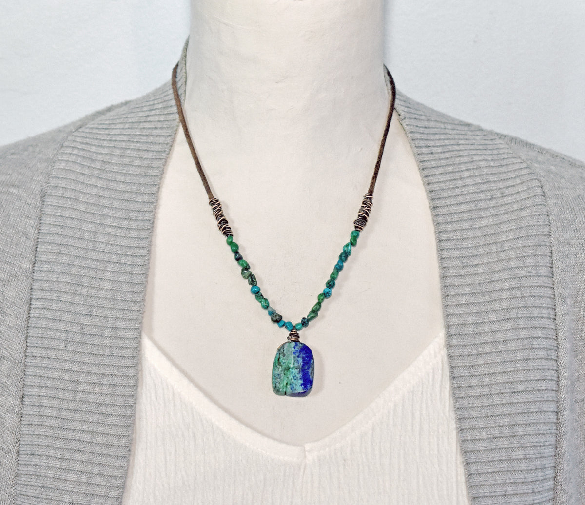 Chrysocolla, Leather and Copper Necklace, Natural Blue Green Stone Pendant, Rustic Handmade Jewelry