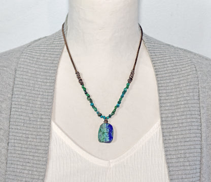 Chrysocolla, Leather and Copper Necklace, Natural Blue Green Stone Pendant, Rustic Handmade Jewelry