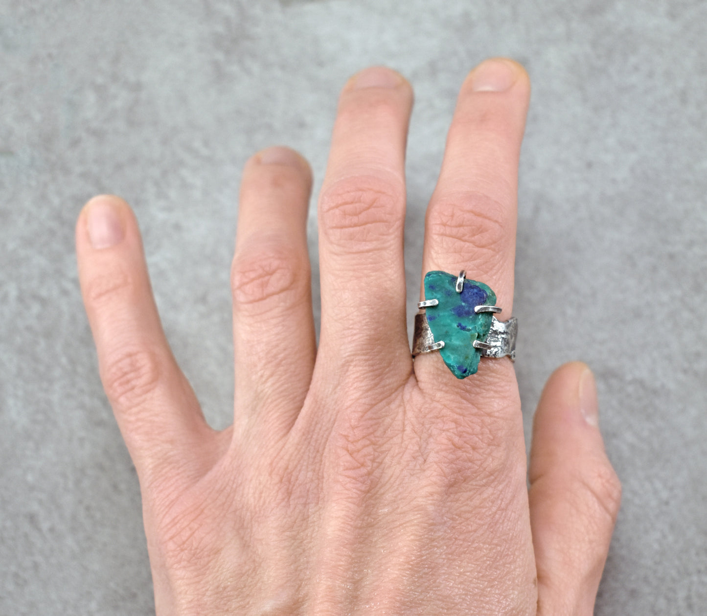 Chrysocolla Azurite Wide Band Sterling Silver Ring, Size 8, Unique Rustic Organic Silversmith Jewelry