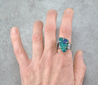 Chrysocolla Azurite Wide Band Sterling Silver Ring, Size 8, Unique Rustic Organic Silversmith Jewelry