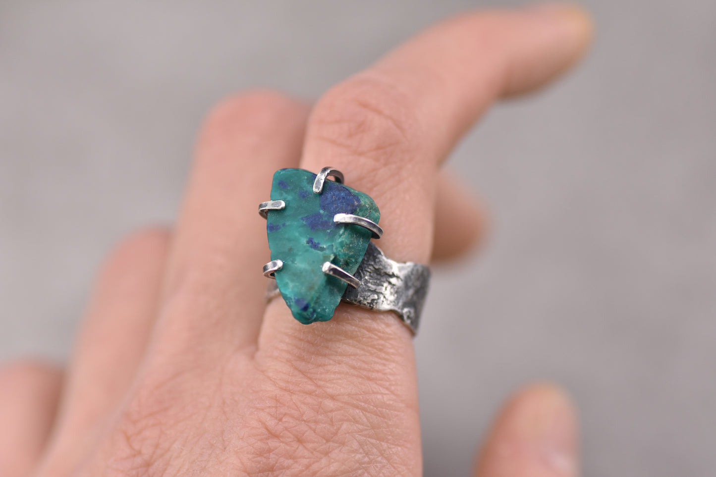 Chrysocolla Azurite Wide Band Sterling Silver Ring, Size 8, Unique Rustic Organic Silversmith Jewelry