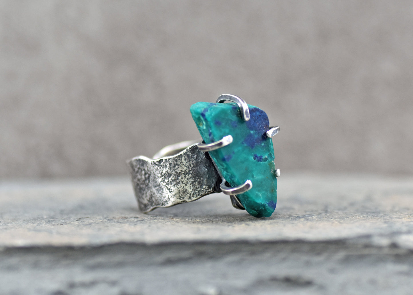 Chrysocolla Azurite Wide Band Sterling Silver Ring, Size 8, Unique Rustic Organic Silversmith Jewelry