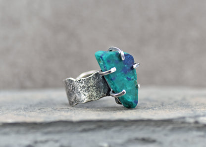 Chrysocolla Azurite Wide Band Sterling Silver Ring, Size 8, Unique Rustic Organic Silversmith Jewelry