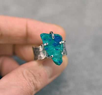 Chrysocolla Azurite Wide Band Sterling Silver Ring, Size 8, Unique Rustic Organic Silversmith Jewelry