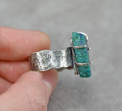 Chrysocolla Azurite Wide Band Sterling Silver Ring, Size 8, Unique Rustic Organic Silversmith Jewelry
