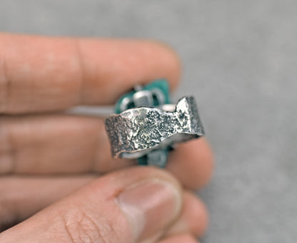 Chrysocolla Azurite Wide Band Sterling Silver Ring, Size 8, Unique Rustic Organic Silversmith Jewelry