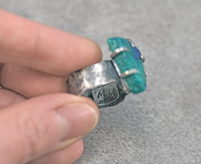 Chrysocolla Azurite Wide Band Sterling Silver Ring, Size 8, Unique Rustic Organic Silversmith Jewelry