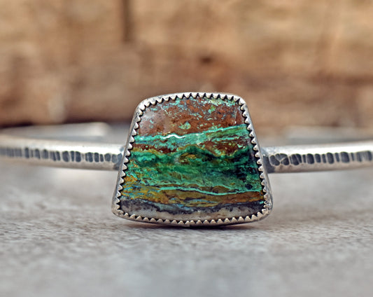 Chrysocolla and Sterling Silver Cuff Bracelet, Size Medium, Rustic Artisan Jewelry, Green Brown Stone