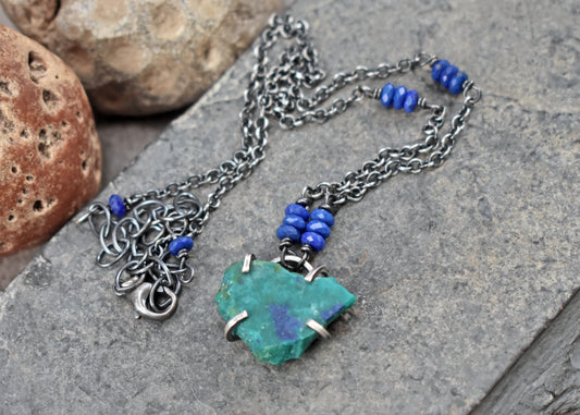 Raw Chrysocolla Prong-Set Sterling Silver Necklace