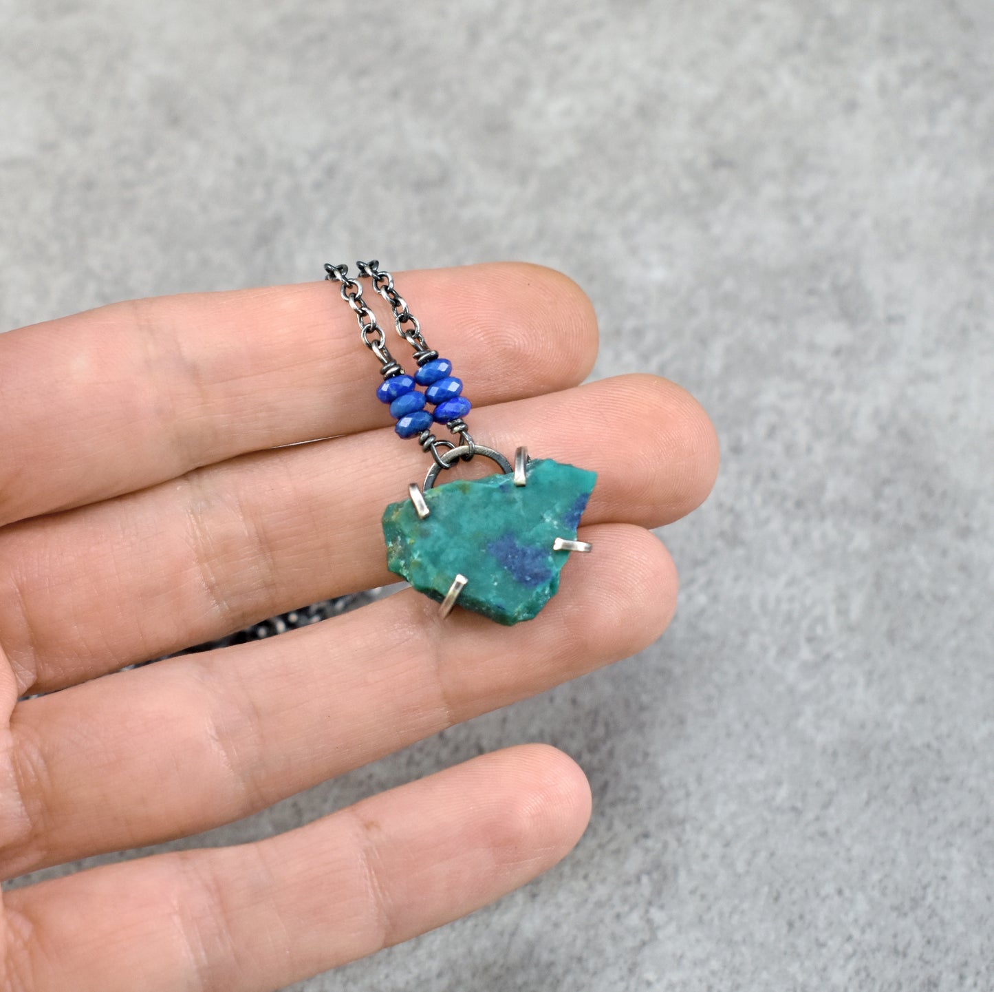 Raw Chrysocolla Prong-Set Sterling Silver Necklace