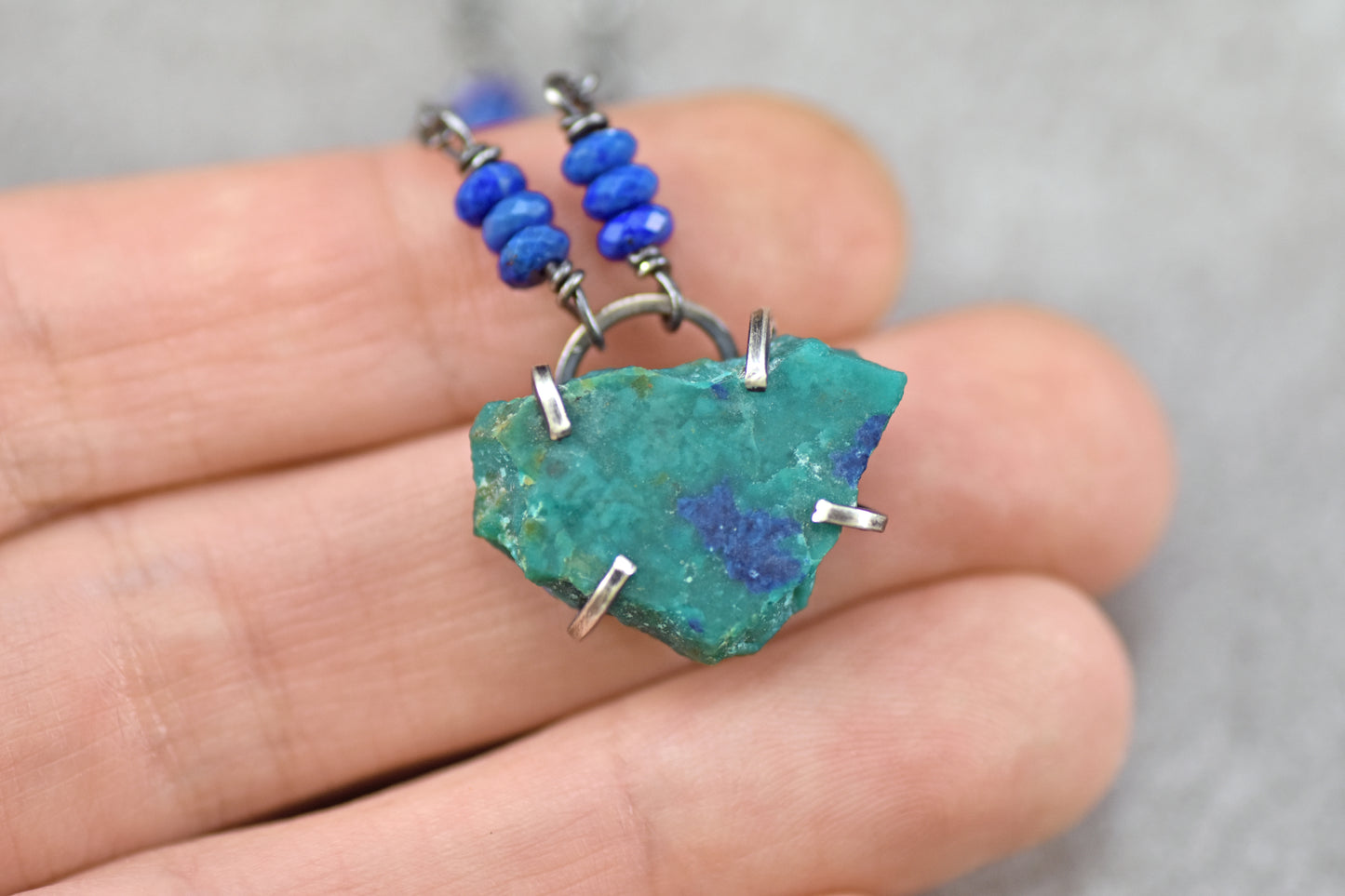 Raw Chrysocolla Prong-Set Sterling Silver Necklace