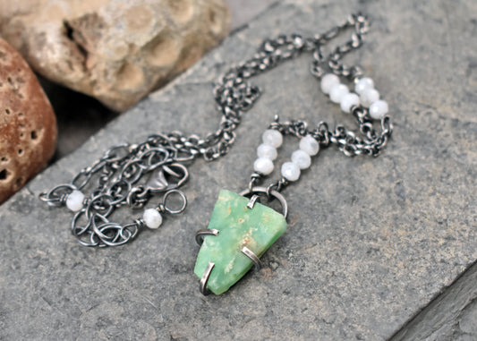 Raw Chrysoprase Prong-Set Sterling Silver Necklace