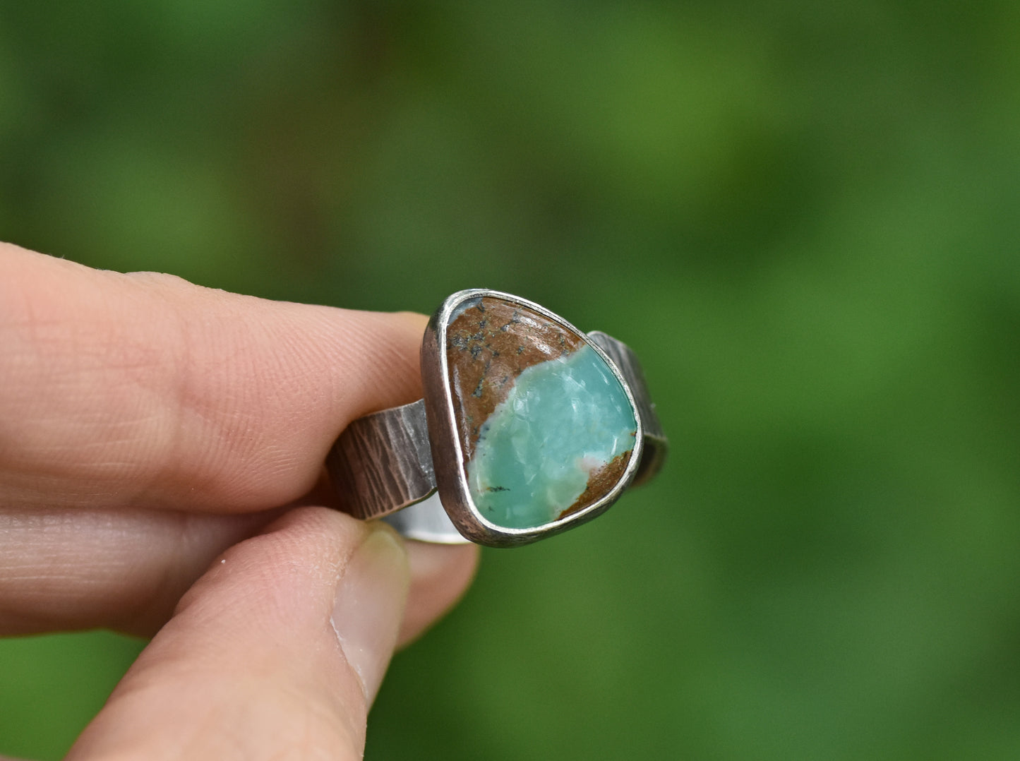 Chrysoprase and Oxidized Sterling Silver Ring, Organic Silversmith Jewelry, Size 9.5