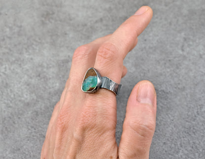 Chrysoprase and Oxidized Sterling Silver Ring, Organic Silversmith Jewelry, Size 9.5