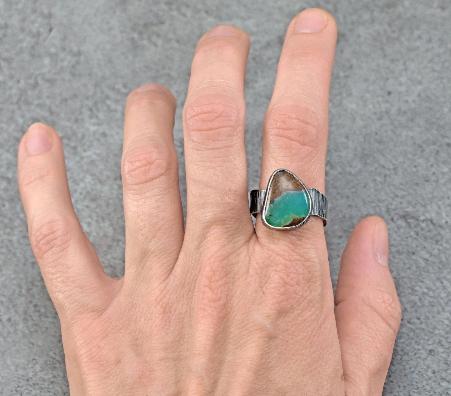 Chrysoprase and Oxidized Sterling Silver Ring, Organic Silversmith Jewelry, Size 9.5