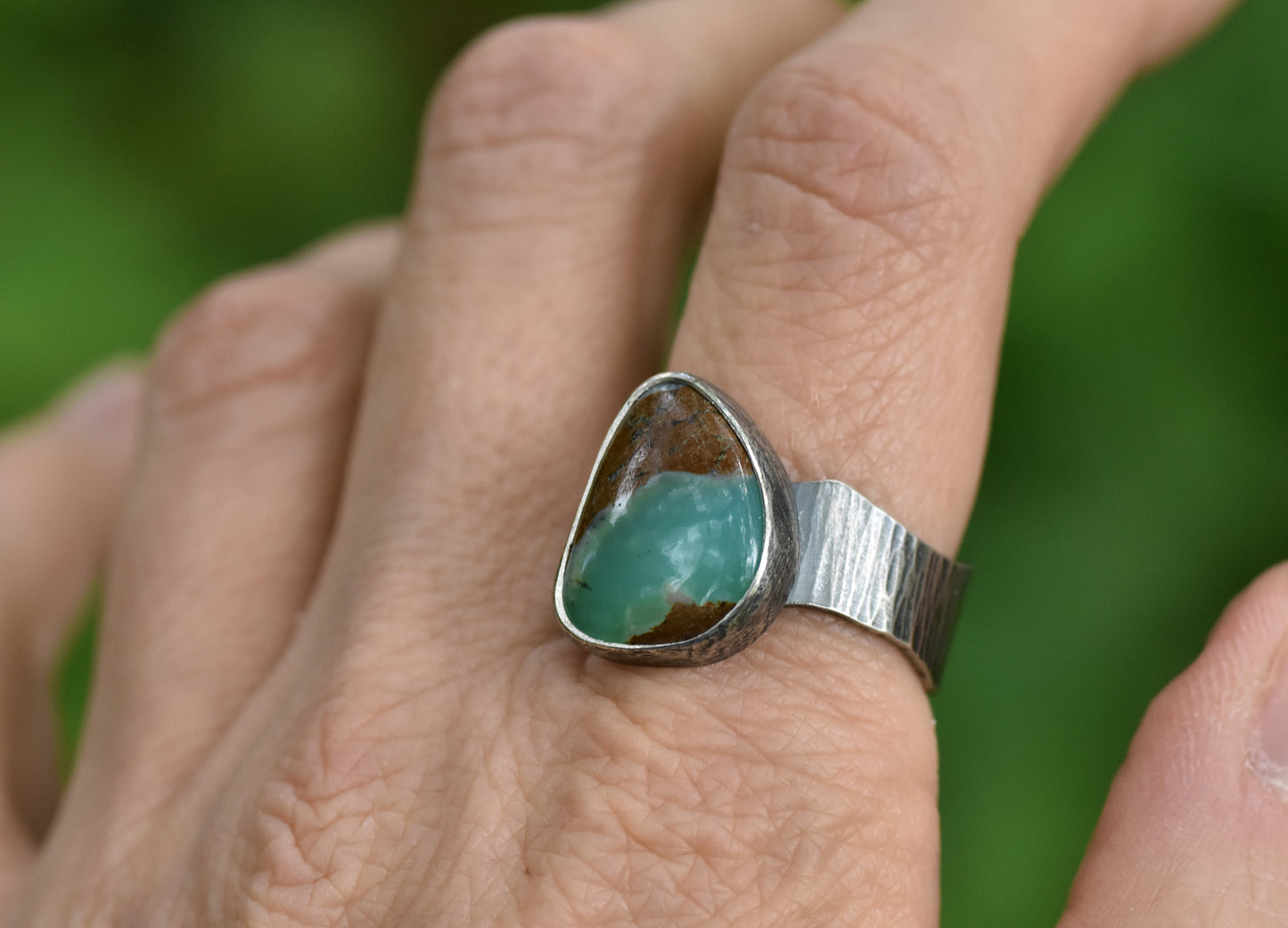 Chrysoprase and Oxidized Sterling Silver Ring, Organic Silversmith Jewelry, Size 9.5