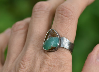 Chrysoprase and Oxidized Sterling Silver Ring, Organic Silversmith Jewelry, Size 9.5