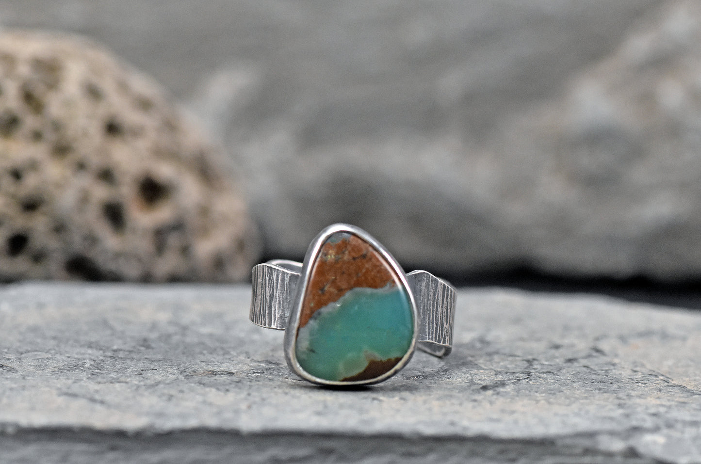 Chrysoprase and Oxidized Sterling Silver Ring, Organic Silversmith Jewelry, Size 9.5