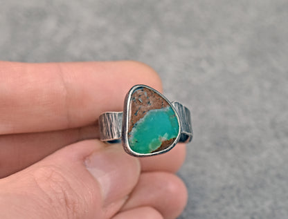 Chrysoprase and Oxidized Sterling Silver Ring, Organic Silversmith Jewelry, Size 9.5