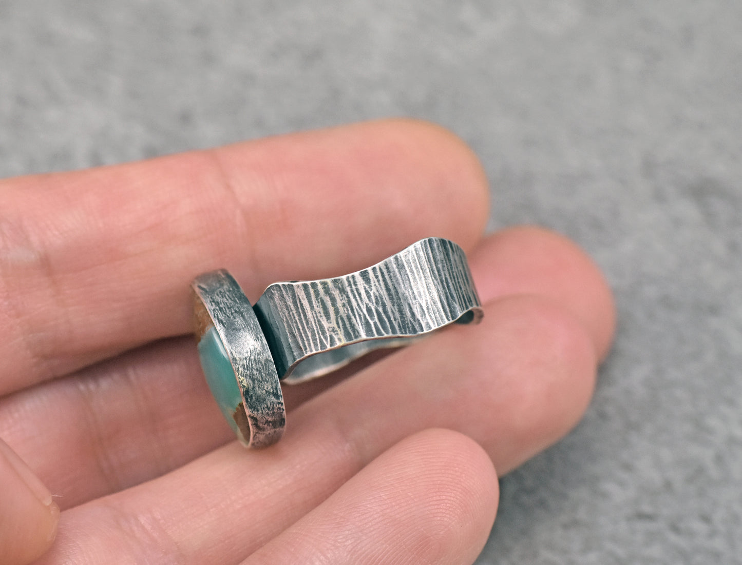 Chrysoprase and Oxidized Sterling Silver Ring, Organic Silversmith Jewelry, Size 9.5