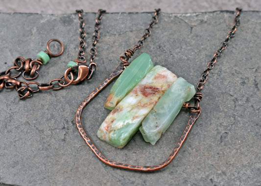 Chrysoprase and Copper Wire Necklace, Unique Handmade Natural Light Green Gemstone Jewelry