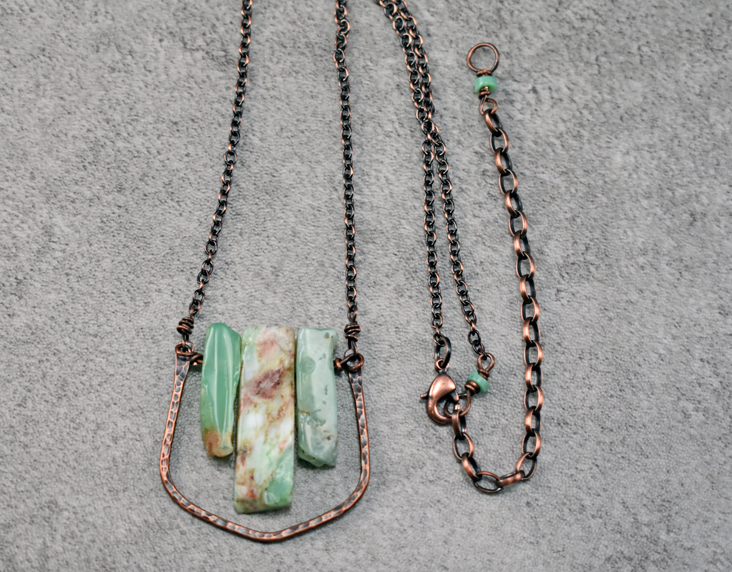 Chrysoprase and Copper Wire Necklace, Unique Handmade Natural Light Green Gemstone Jewelry