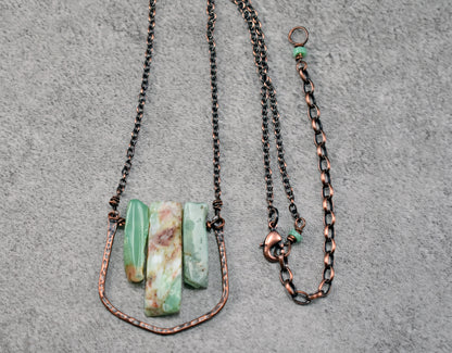 Chrysoprase and Copper Wire Necklace, Unique Handmade Natural Light Green Gemstone Jewelry