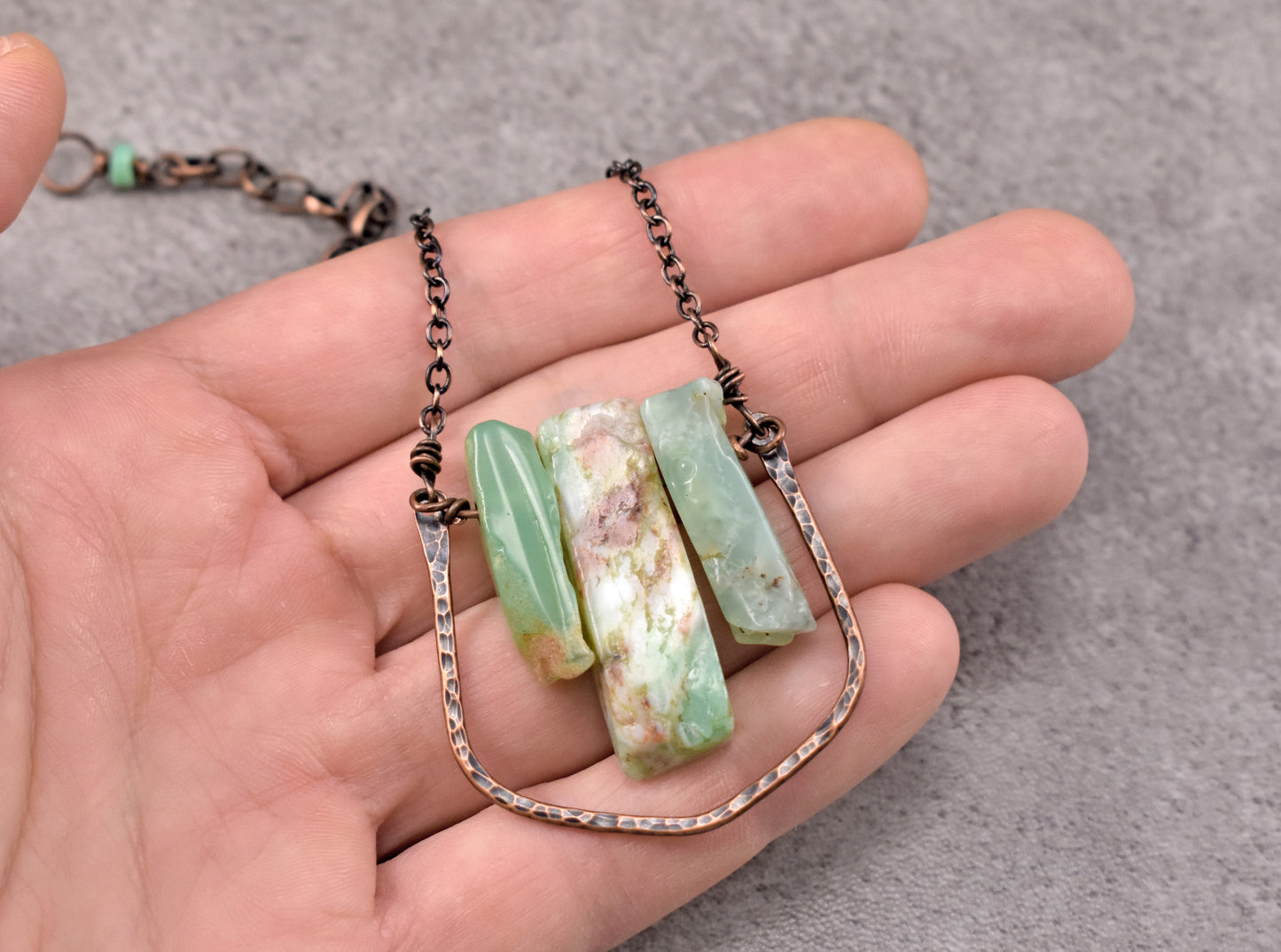 Chrysoprase and Copper Wire Necklace, Unique Handmade Natural Light Green Gemstone Jewelry