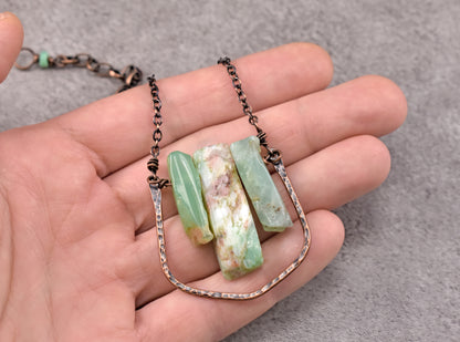Chrysoprase and Copper Wire Necklace, Unique Handmade Natural Light Green Gemstone Jewelry