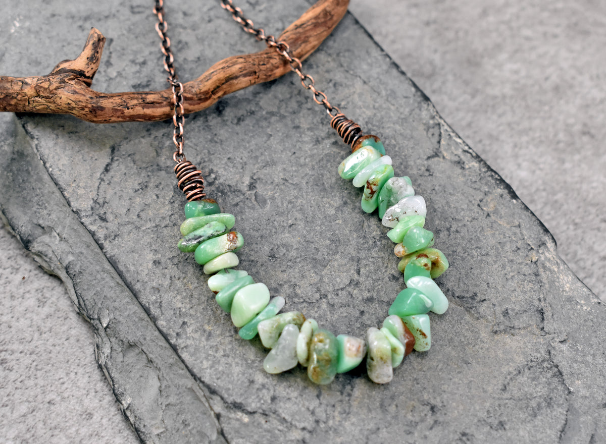 Chrysoprase Copper Necklace, Natural Green Brown Stone, Simple Oxidized Wire Handmade Jewelry