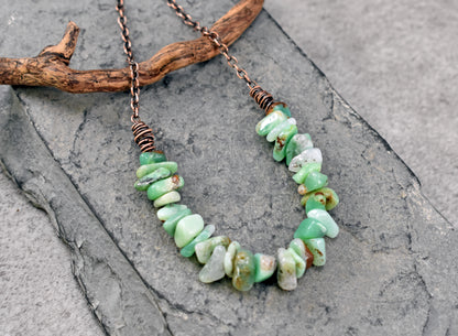 Chrysoprase Copper Necklace, Natural Green Brown Stone, Simple Oxidized Wire Handmade Jewelry