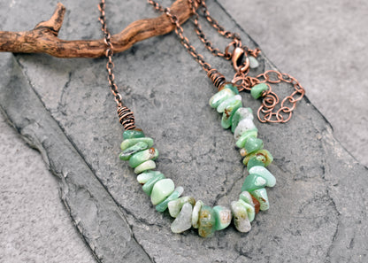 Chrysoprase Copper Necklace, Natural Green Brown Stone, Simple Oxidized Wire Handmade Jewelry