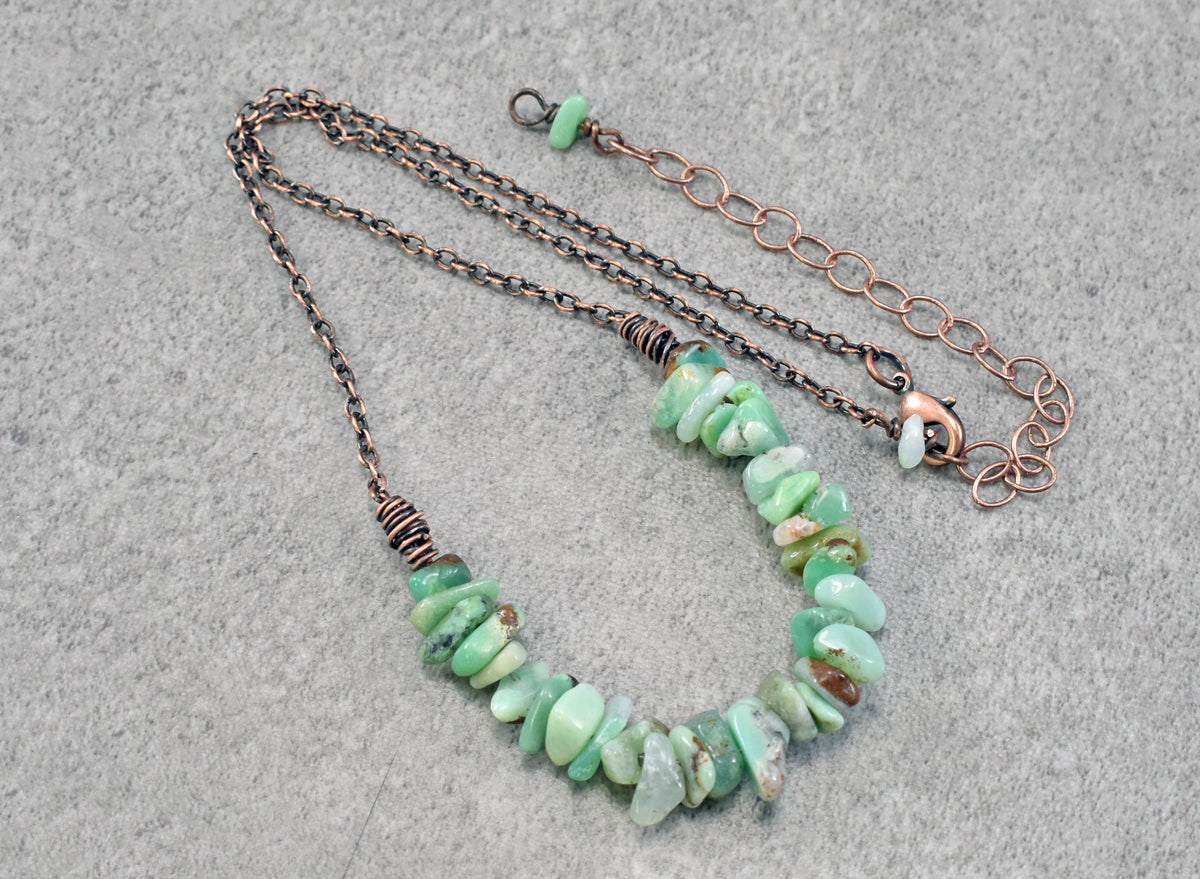 Chrysoprase Copper Necklace, Natural Green Brown Stone, Simple Oxidized Wire Handmade Jewelry