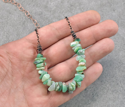 Chrysoprase Copper Necklace, Natural Green Brown Stone, Simple Oxidized Wire Handmade Jewelry