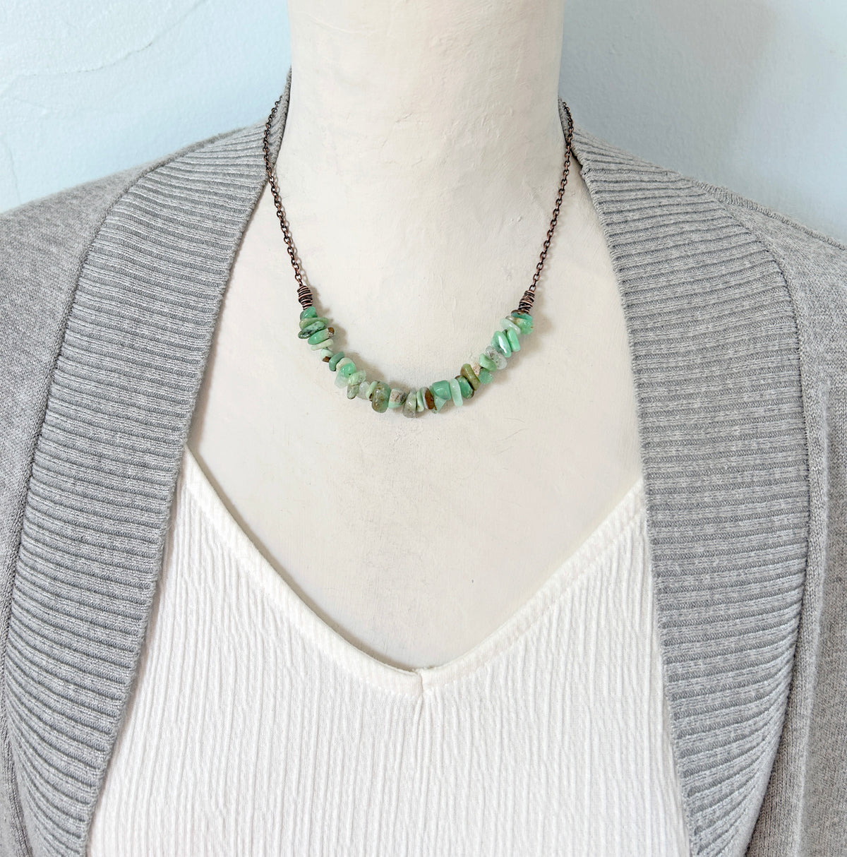 Chrysoprase Copper Necklace, Natural Green Brown Stone, Simple Oxidized Wire Handmade Jewelry