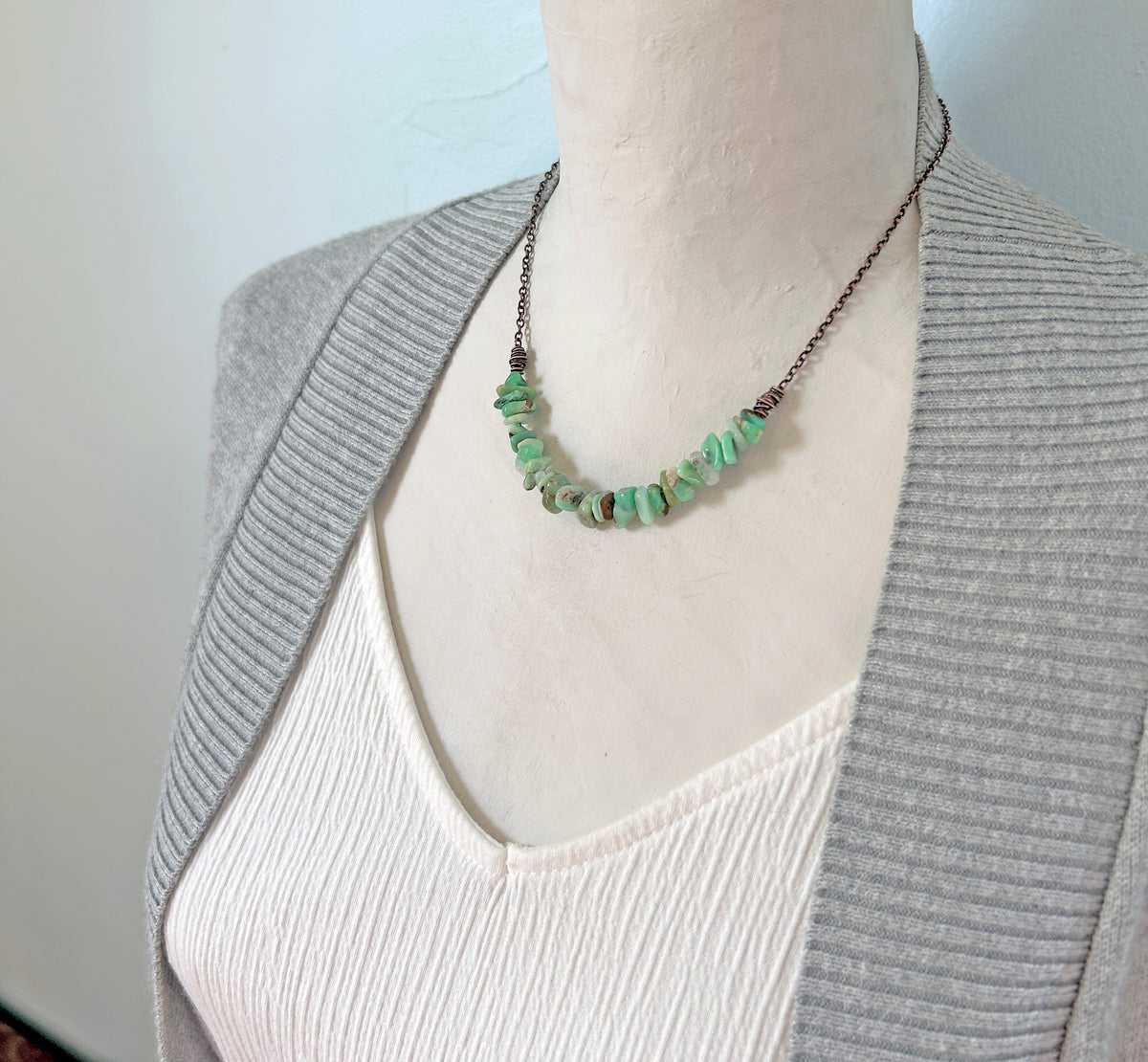 Chrysoprase Copper Necklace, Natural Green Brown Stone, Simple Oxidized Wire Handmade Jewelry