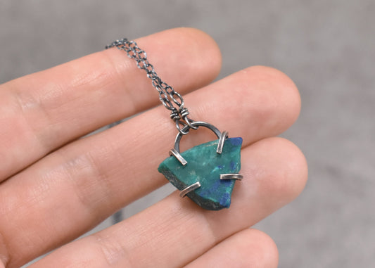 Custom for Sheila - Raw Chrysocolla Prong-Set Sterling Silver Necklace