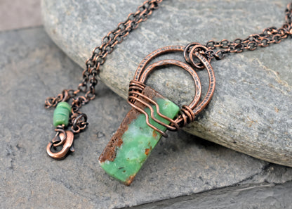 Chrysoprase and Copper Necklace, Natural Green Stone Pendant, Rustic Handmade Jewelry
