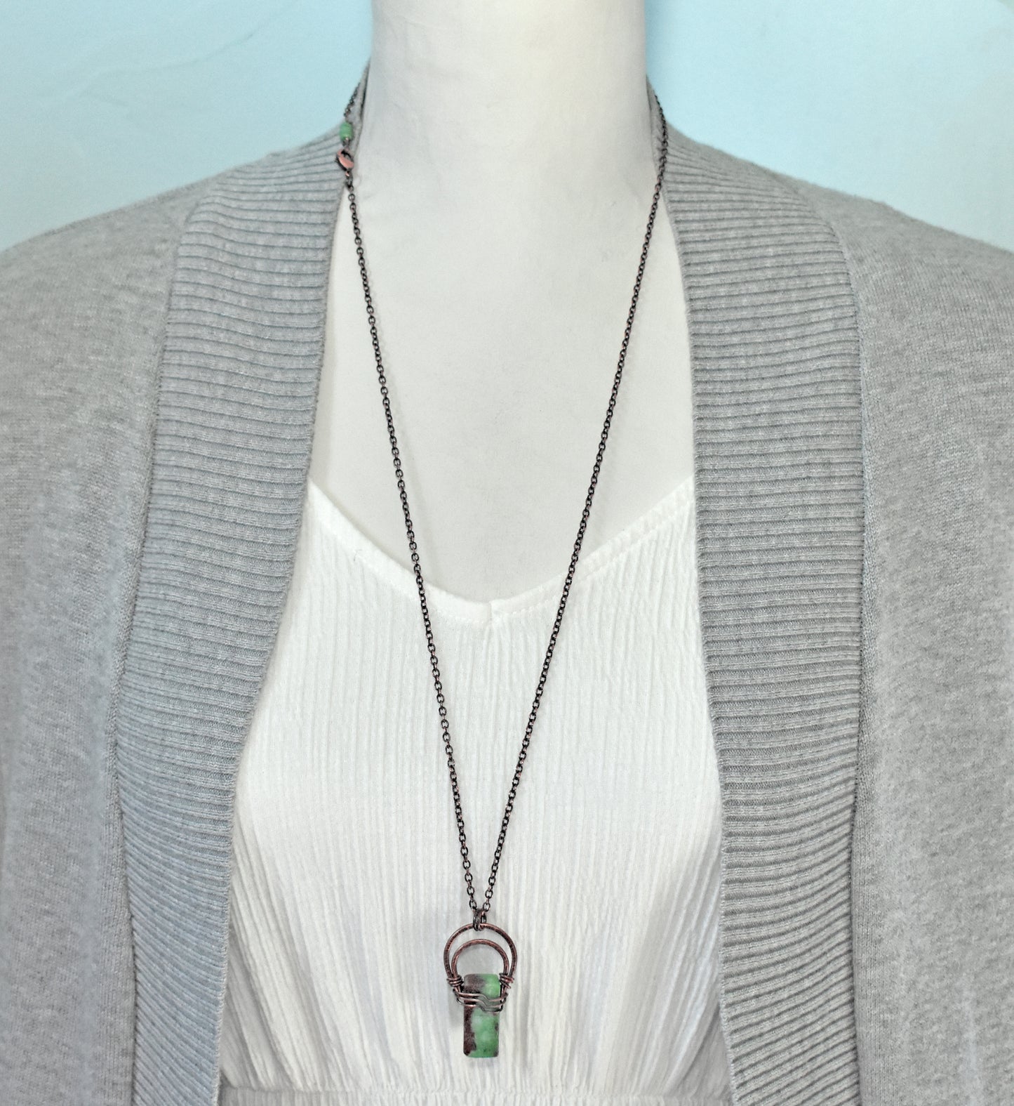 Chrysoprase and Copper Necklace, Natural Green Stone Pendant, Rustic Handmade Jewelry