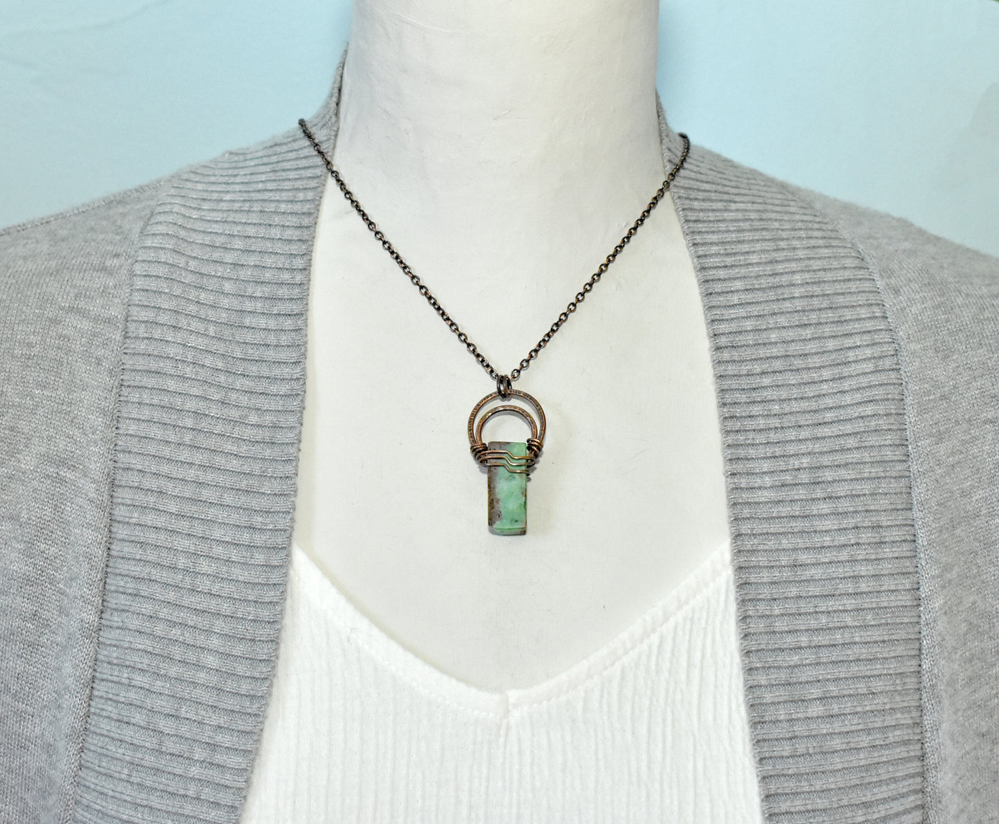 Chrysoprase and Copper Necklace, Natural Green Stone Pendant, Rustic Handmade Jewelry