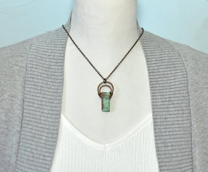 Chrysoprase and Copper Necklace, Natural Green Stone Pendant, Rustic Handmade Jewelry