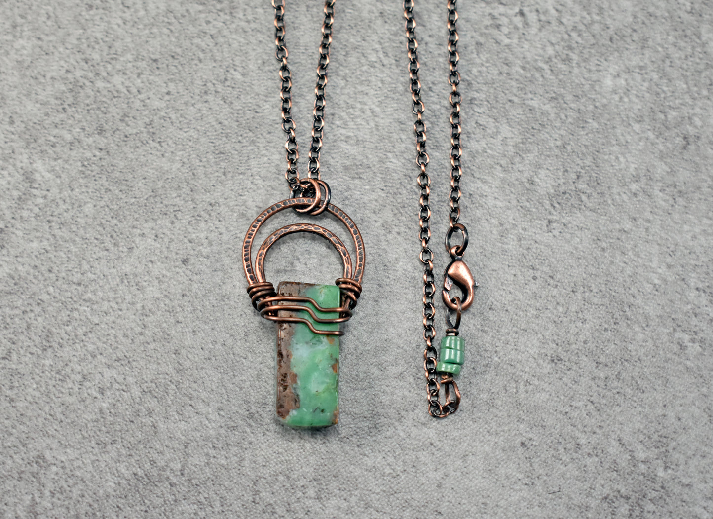 Chrysoprase and Copper Necklace, Natural Green Stone Pendant, Rustic Handmade Jewelry
