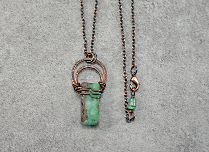 Chrysoprase and Copper Necklace, Natural Green Stone Pendant, Rustic Handmade Jewelry