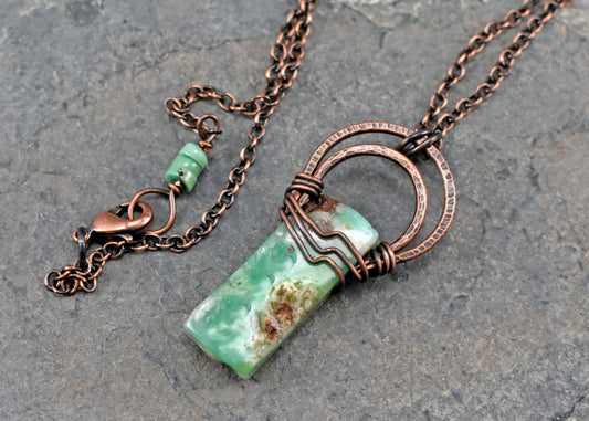 Chrysoprase and Copper Necklace, Natural Green Stone Pendant, Rustic Handmade Jewelry