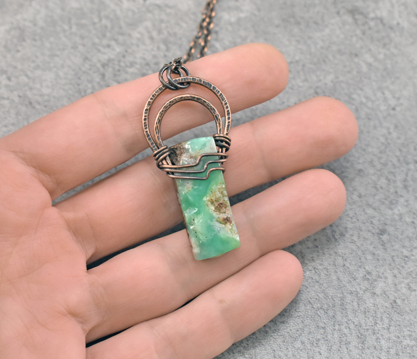 Chrysoprase and Copper Necklace, Natural Green Stone Pendant, Rustic Handmade Jewelry