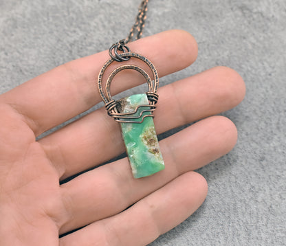 Chrysoprase and Copper Necklace, Natural Green Stone Pendant, Rustic Handmade Jewelry