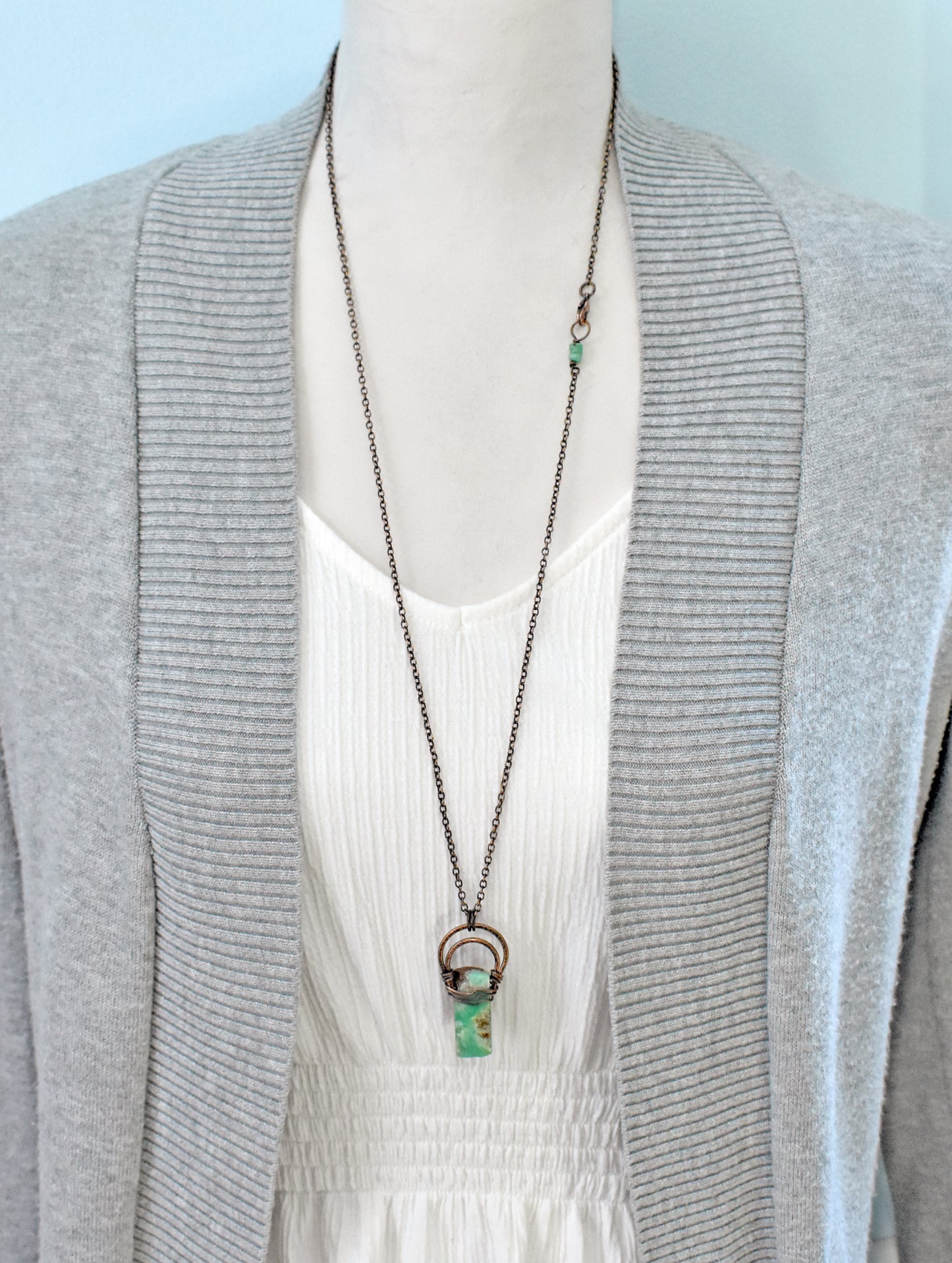Chrysoprase and Copper Necklace, Natural Green Stone Pendant, Rustic Handmade Jewelry