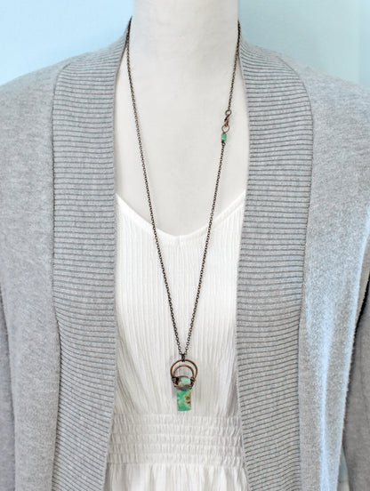 Chrysoprase and Copper Necklace, Natural Green Stone Pendant, Rustic Handmade Jewelry