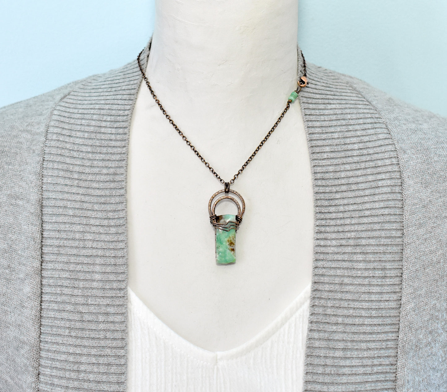Chrysoprase and Copper Necklace, Natural Green Stone Pendant, Rustic Handmade Jewelry
