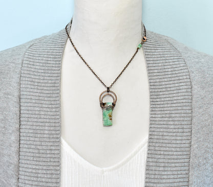 Chrysoprase and Copper Necklace, Natural Green Stone Pendant, Rustic Handmade Jewelry